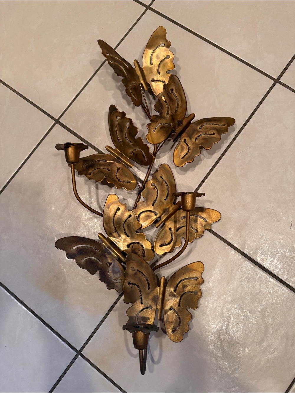 Vintage Brass Tone Butterfly Candle Holder Wall Sconce Metal Art MCM